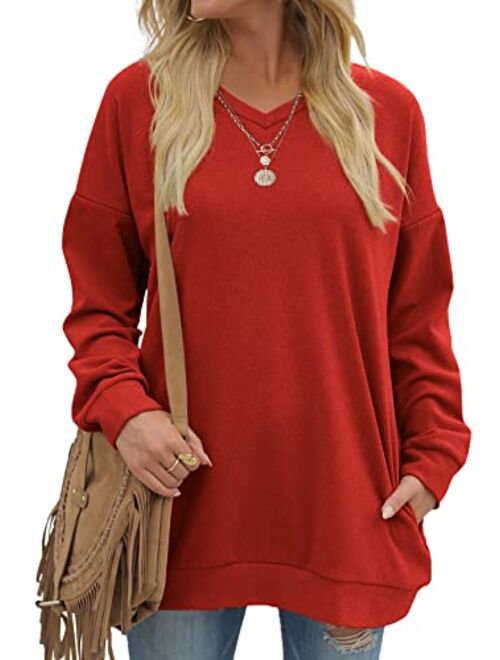 OFEEFAN Women's Sweatshirts V Neck Oversized Long Sleeve Pockets Top