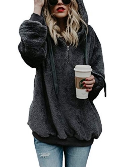 Imily Bela Womens Sherpa Loose Hoodies Zip Winter Slouchy Warm Fleece Sweatshirts Outwear Pockets