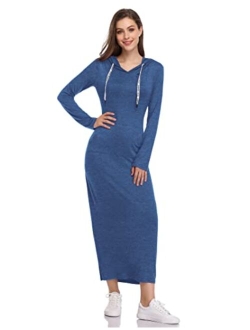 GloryStar Women Long Sleeve Pullover Hoodie Dress Stripe Pocket Slim Sweatshirt Casual Maxi Dress