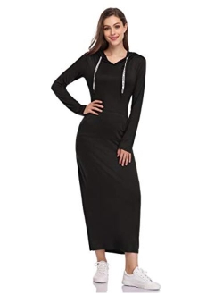 GloryStar Women Long Sleeve Pullover Hoodie Dress Stripe Pocket Slim Sweatshirt Casual Maxi Dress