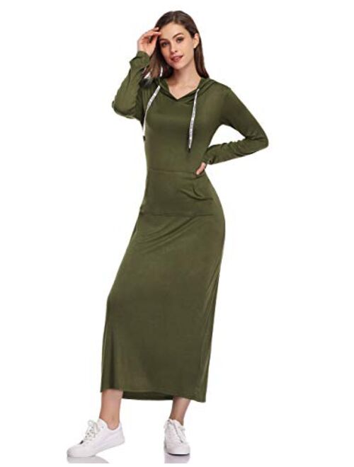 GloryStar Women Long Sleeve Pullover Hoodie Dress Stripe Pocket Slim Sweatshirt Casual Maxi Dress