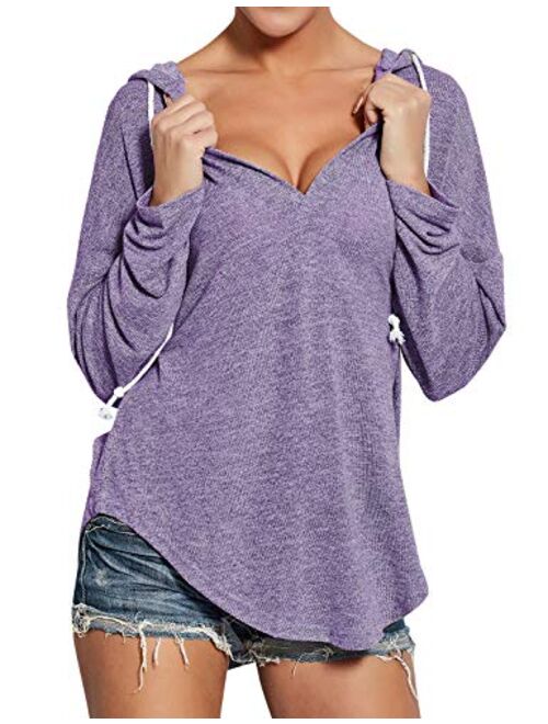 Ezcosplay Women Deep V Neck Solid Pullover Drawstring Loose Sweatshirt Hoodies