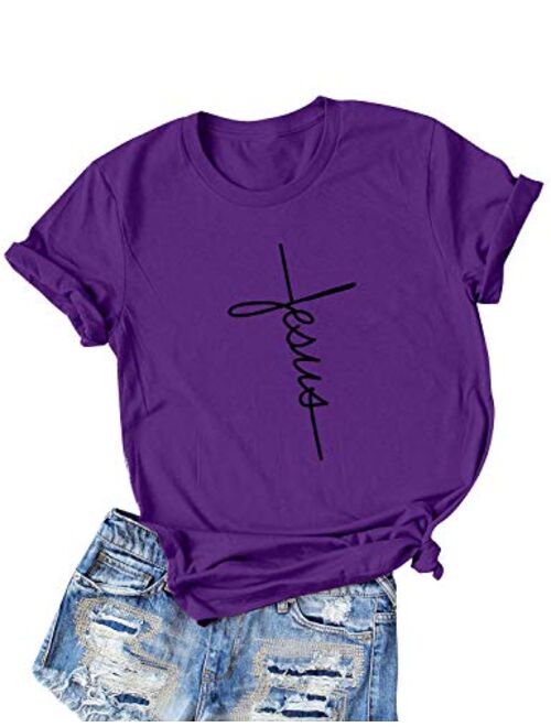 Nlife Women Causal Jesus Letter Printed T-Shirt Christian Graphic Short Sleeve T-Shirt