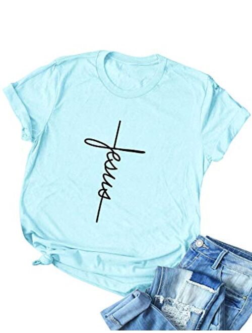 Nlife Women Causal Jesus Letter Printed T-Shirt Christian Graphic Short Sleeve T-Shirt