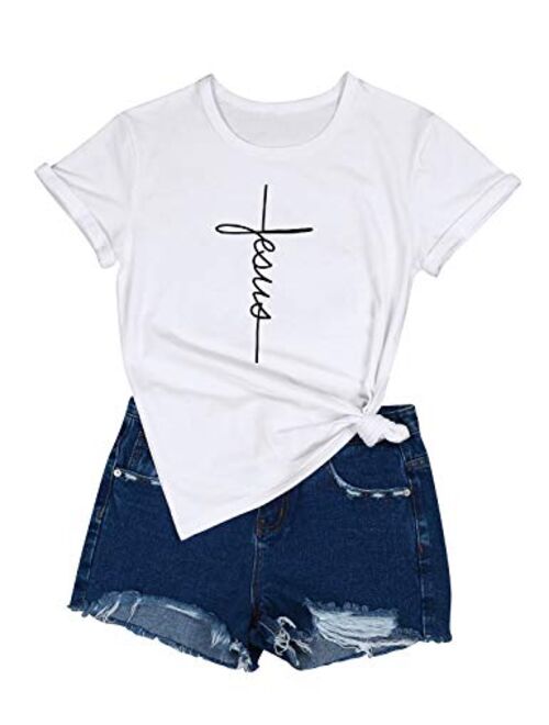 Nlife Women Causal Jesus Letter Printed T-Shirt Christian Graphic Short Sleeve T-Shirt