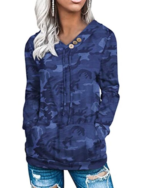 ROSKIKI Womens Hoodie Sweatshirts Casual Animal Print Kangaroo Pocket Tunic Shirts Tops