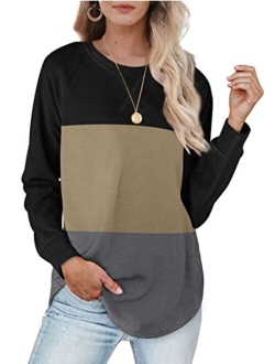 Womens Sweatshirts with Pockets Loose Pullover Long Sleeve T Shirt Round Neck Blouse Tops