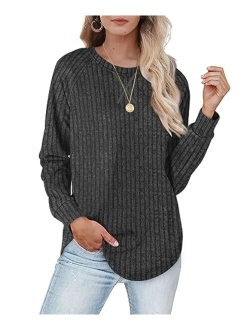 Womens Sweatshirts with Pockets Loose Pullover Long Sleeve T Shirt Round Neck Blouse Tops