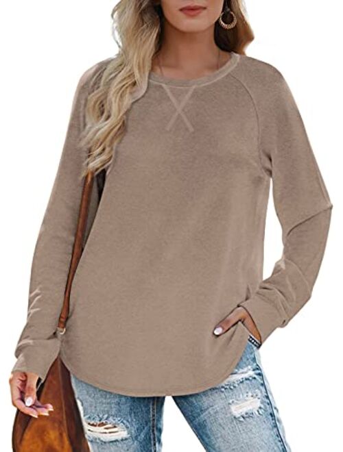 Womens Sweatshirts with Pockets Loose Pullover Long Sleeve T Shirt Round Neck Blouse Tops