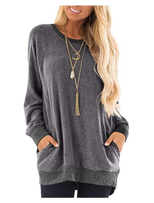 TODOLOR Womens Long Sleeve Round Neck Casual T Shirts Tops with Pocket