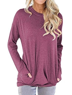 Rvshilfy Women Casual Long Sleeve Sweatshirt Solid Color Loose Blouses Tops with Pocket