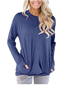 Rvshilfy Women Casual Long Sleeve Sweatshirt Solid Color Loose Blouses Tops with Pocket