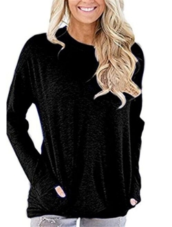 Rvshilfy Women Casual Long Sleeve Sweatshirt Solid Color Loose Blouses Tops with Pocket