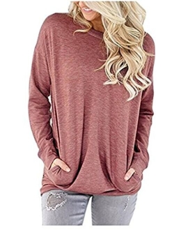 Rvshilfy Women Casual Long Sleeve Sweatshirt Solid Color Loose Blouses Tops with Pocket