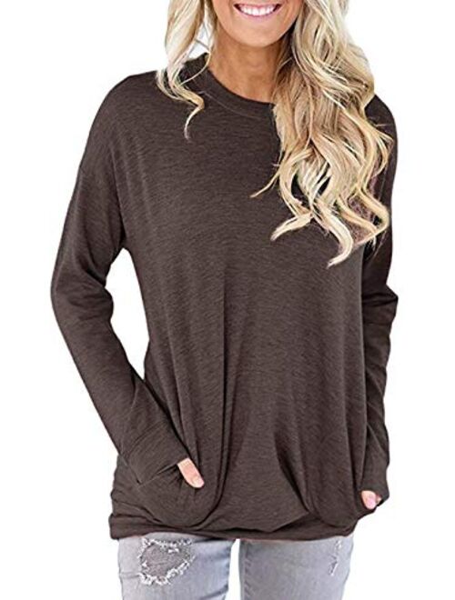 Rvshilfy Women Casual Long Sleeve Sweatshirt Solid Color Loose Blouses Tops with Pocket