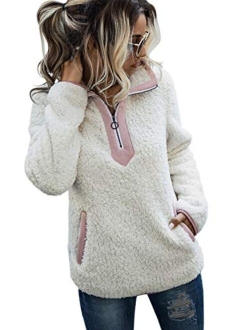 AQOTHES Womens Loose Casual Zipper Sherpa Fleece Pockets Pullover Sweatshirt for Women