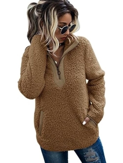 AQOTHES Womens Loose Casual Zipper Sherpa Fleece Pockets Pullover Sweatshirt for Women