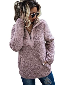 AQOTHES Womens Loose Casual Zipper Sherpa Fleece Pockets Pullover Sweatshirt for Women