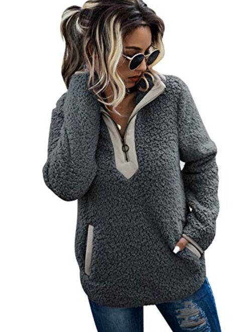 AQOTHES Womens Loose Casual Zipper Sherpa Fleece Pockets Pullover Sweatshirt for Women