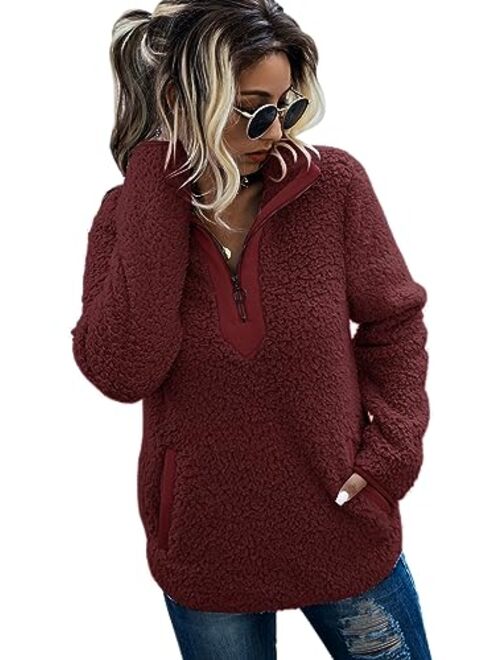 AQOTHES Womens Loose Casual Zipper Sherpa Fleece Pockets Pullover Sweatshirt for Women