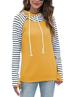 Veoyvo Womens Pullover Fashion Sweatshirts Double Hooded Color Block Hoodies Casual Long Sleeve Comfort Fall Tops