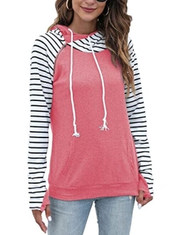 Veoyvo Womens Pullover Fashion Sweatshirts Double Hooded Color Block Hoodies Casual Long Sleeve Comfort Fall Tops