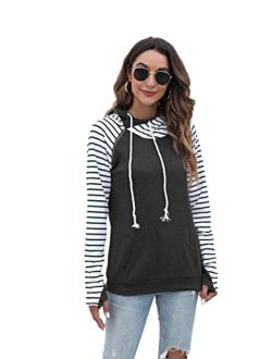 Veoyvo Womens Pullover Fashion Sweatshirts Double Hooded Color Block Hoodies Casual Long Sleeve Comfort Fall Tops