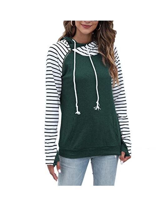 Veoyvo Womens Pullover Fashion Sweatshirts Double Hooded Color Block Hoodies Casual Long Sleeve Comfort Fall Tops