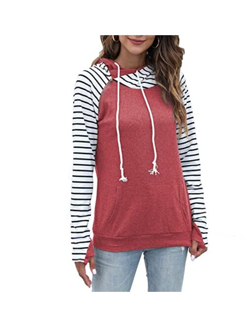 Veoyvo Womens Pullover Fashion Sweatshirts Double Hooded Color Block Hoodies Casual Long Sleeve Comfort Fall Tops