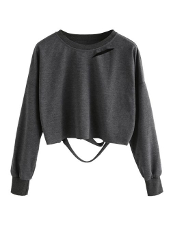 Women's Long Sleeve Crop T-Shirt Distressed Ripped Cut Out Tee Tops