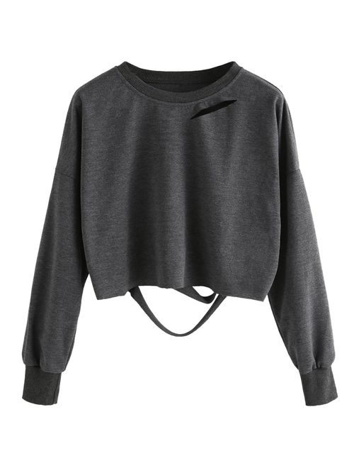 SweatyRocks Women's Long Sleeve Crop T-Shirt Distressed Ripped Cut Out Tee Tops