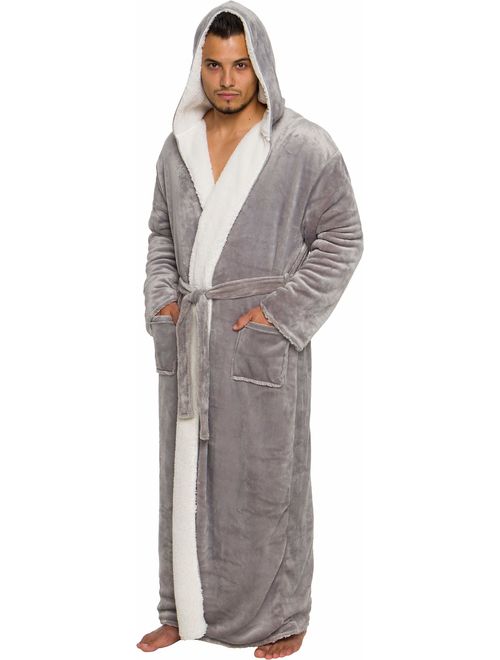 Ross Michaels Mens Sherpa-Lined Hooded Long Bathrobe - Full Length Luxury Plush Big and Tall Robe