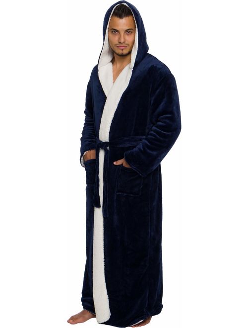 Ross Michaels Mens Sherpa-Lined Hooded Long Bathrobe - Full Length Luxury Plush Big and Tall Robe