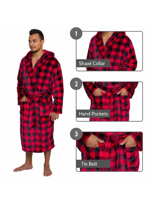 Ross Michaels Buffalo Plaid Hooded Bathrobe - Men's Medium Length Luxury Plush Big and Tall Sleep Robe