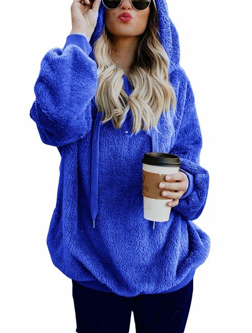 Doreyi Womens Hooded Sweatshirt Fuzzy Fleece Winter Warm Soft Oversized Sweatshirts Pullover Hoodie with Pockets