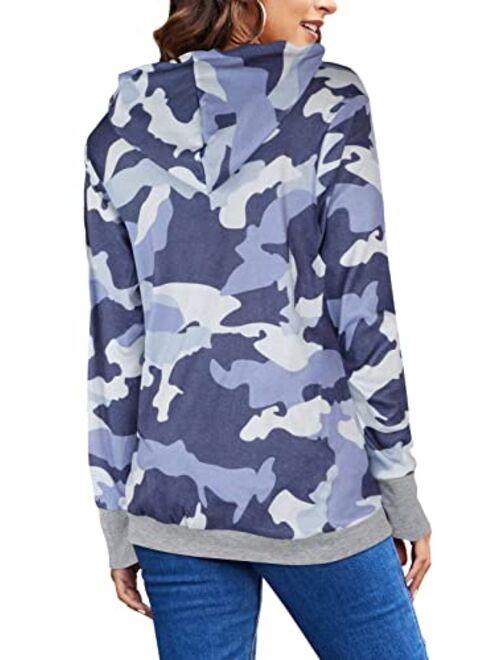 Women's Camouflage Hoodies Pullover Sweatshirt Hooded Camo Sweater Pockets Leopard Loose Shirt Tops