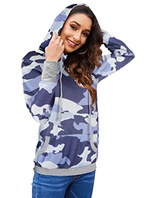 Women's Camouflage Hoodies Pullover Sweatshirt Hooded Camo Sweater Pockets Leopard Loose Shirt Tops