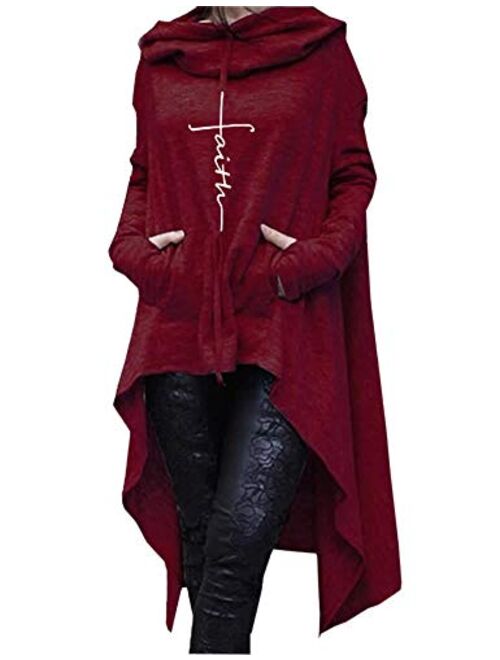 Rfecccy Faith Print Long Sleeve Loose Casual Pullovers Irregular Hem Long Hoodies for Women