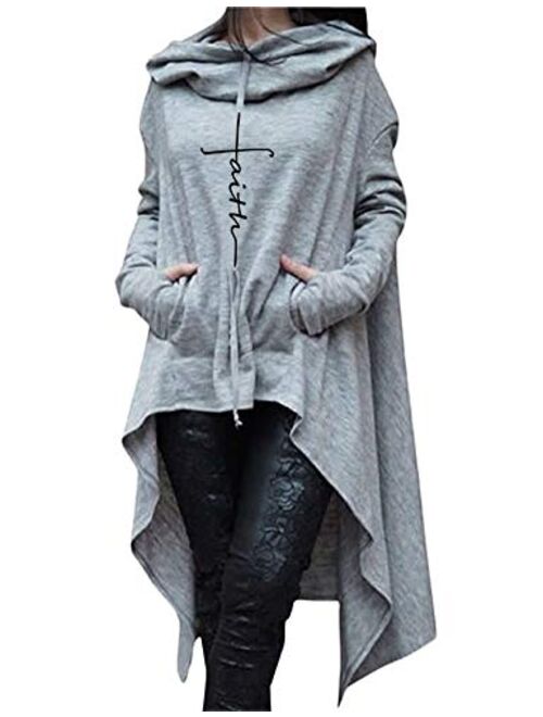 Rfecccy Faith Print Long Sleeve Loose Casual Pullovers Irregular Hem Long Hoodies for Women