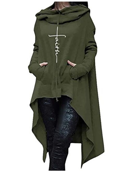 Rfecccy Faith Print Long Sleeve Loose Casual Pullovers Irregular Hem Long Hoodies for Women