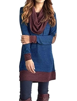 Famulily Women's Cowl Neck Tops Two Tone Color Block Pullovers Elbow Patchs Loose Long Tunic Blouse