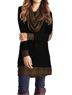 Famulily Women's Cowl Neck Tops Two Tone Color Block Pullovers Elbow Patchs Loose Long Tunic Blouse