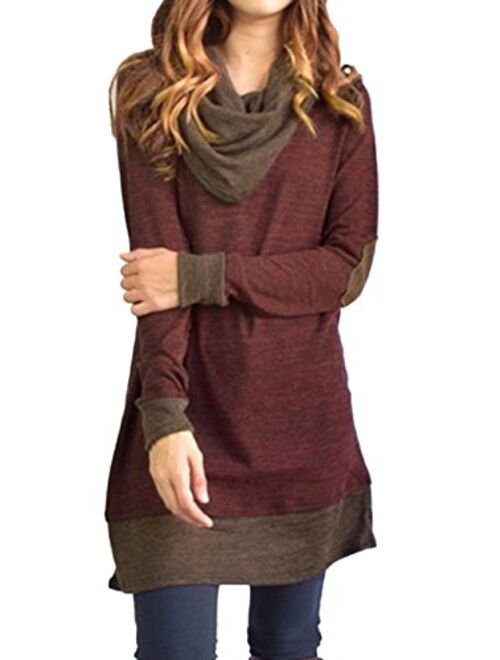 Famulily Women's Cowl Neck Tops Two Tone Color Block Pullovers Elbow Patchs Loose Long Tunic Blouse