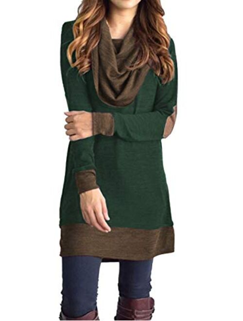 Famulily Women's Cowl Neck Tops Two Tone Color Block Pullovers Elbow Patchs Loose Long Tunic Blouse