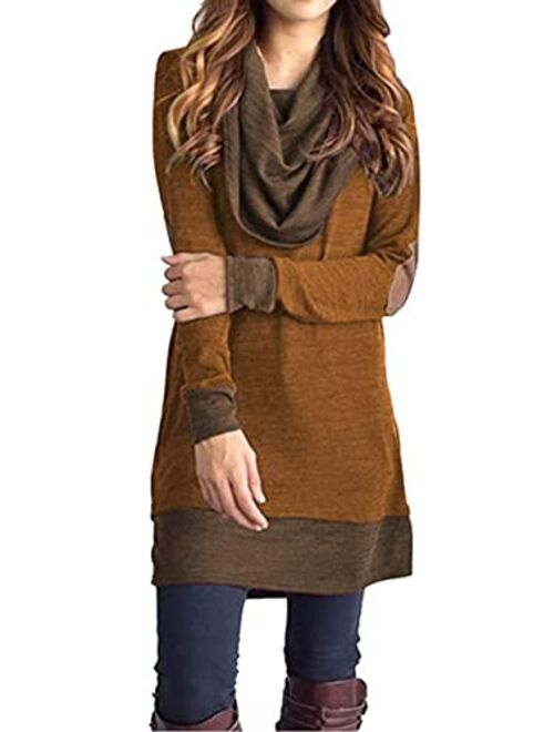 Famulily Women's Cowl Neck Tops Two Tone Color Block Pullovers Elbow Patchs Loose Long Tunic Blouse