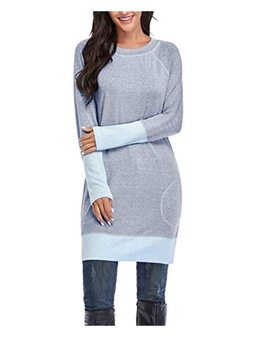 Famulily Women's Cowl Neck Tops Two Tone Color Block Pullovers Elbow Patchs Loose Long Tunic Blouse