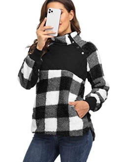 VIISHOW Women's Long Sleeves Quilt Coat Turtleneck Oblique Button Neck Fleece Pullover Coat Sweatshirts Outwear with Pocket