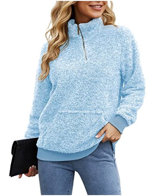 VIISHOW Women's Long Sleeves Quilt Coat Turtleneck Oblique Button Neck Fleece Pullover Coat Sweatshirts Outwear with Pocket