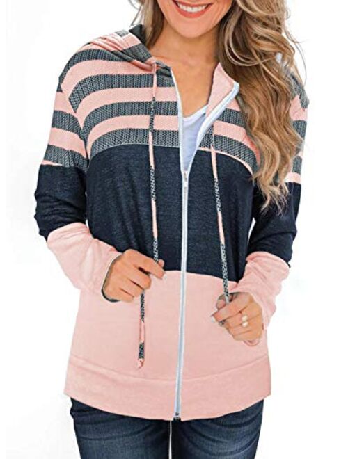 GOLDPKF Striped Color Block Hoodies for Womens Long Sleeve Pullover Sweatshirts