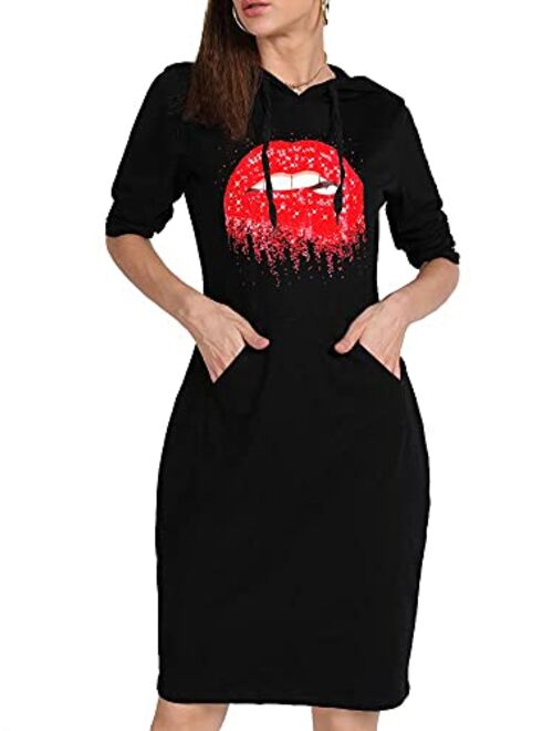 MAGICMK Women Long Sleeve Print Lips Slim Fitted Knee Length Sweatshirt With Pocket Casual Pullover Hoodie Dress